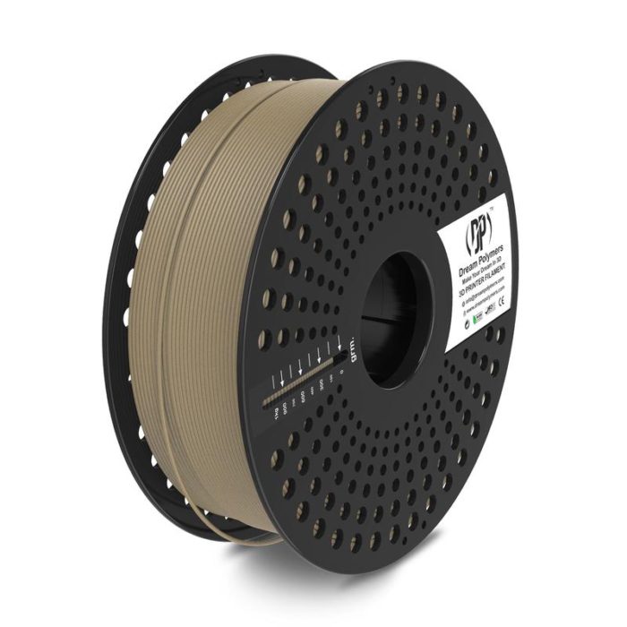 PLA (Polylactic Acid) Wood 3D printing filament is a biodegradable, thermoplastic filament made from renewable resources such as corn starch, sugarcane, or tapioca roots. It is infused with wood particles or fibers, giving it the appearance and feel of real wood when printing objects. Dream Polymers PLA Wood 3D printing filament is a great choice for those looking for an eco-friendly and unique filament option with the appearance and feel of real wood. Dream Polymers PLA mixture with wood particles or fibers within the filament gives it unique properties such as a natural wood grain finish, a textured surface, and the ability to be sanded or stained like real wood. The material is also lightweight, easy to print with, and has a low melting point, making it suitable for use in a wide range of 3D printers with nozzles capable of 1.75 mm diameter.